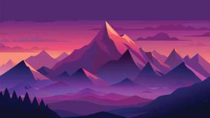 Fototapeten Violett Vibrant sunset mountain landscape with silhouetted forests  © CreativeKamrul