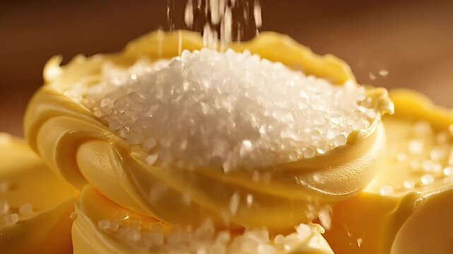 Close-up of coarse salt crystals being sprinkled onto creamy, yellow butter