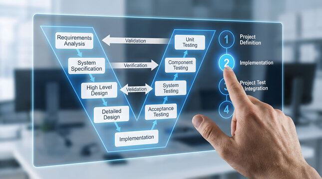Human hand interacts with holographic V model software development process diagram in mode