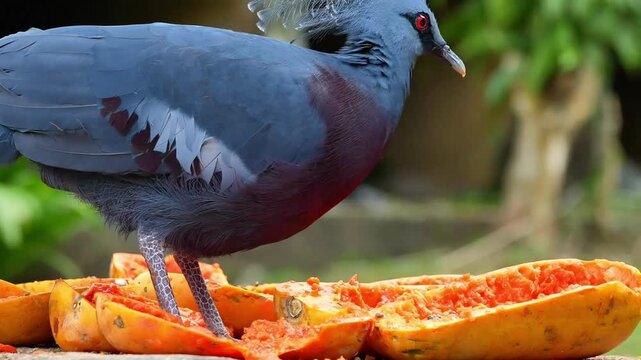 bird eating papaya, big blue bird, close up Victoria Crowned Pigeon eating