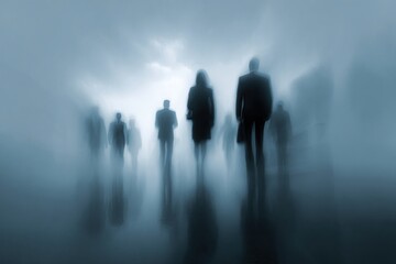 A mysterious scene featuring blurred silhouettes of people walking through fog, creating an ethereal and surreal atmosphere.