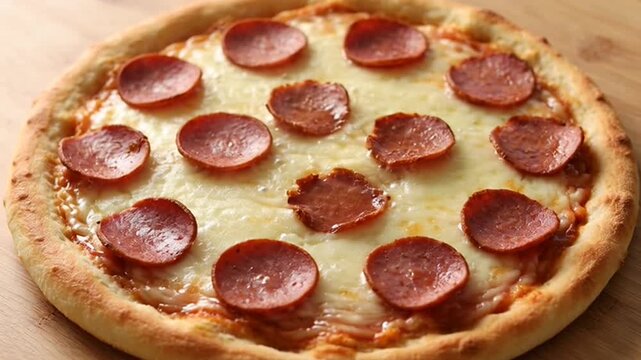 A delicious homemade pepperoni pizza on a wooden table in a cozy kitchen video