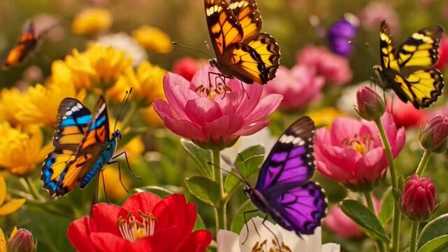 A colorful video of butterflies flying around vibrant flowers in a garden