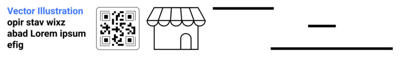 E-commerce, retail, digital marketing, technology integration, smart payment, QR scanning. A digital QR code next to a shop icon, horizontal lines scanning. E-commerce and retail concept