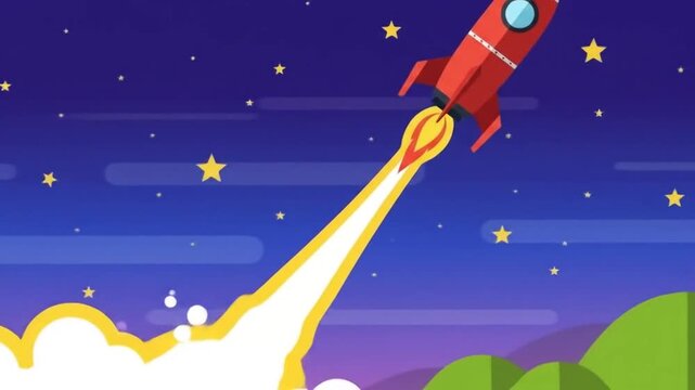 Red Rocket Launching into Starry Night Sky with Fiery Exhaust and Green Hills.
