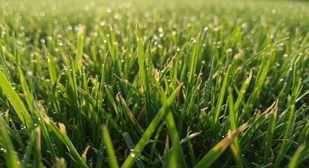 Obraz premium Close-up View of Fresh Green Grass Blades in a Natural Meadow.