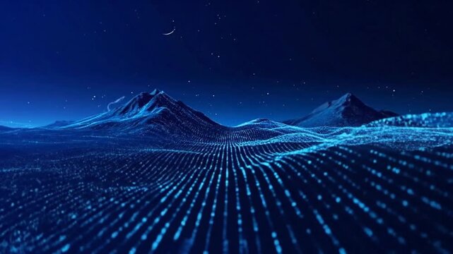 Abstract digital landscape with mountains and starry night sky, creating a futuristic atmosphere.