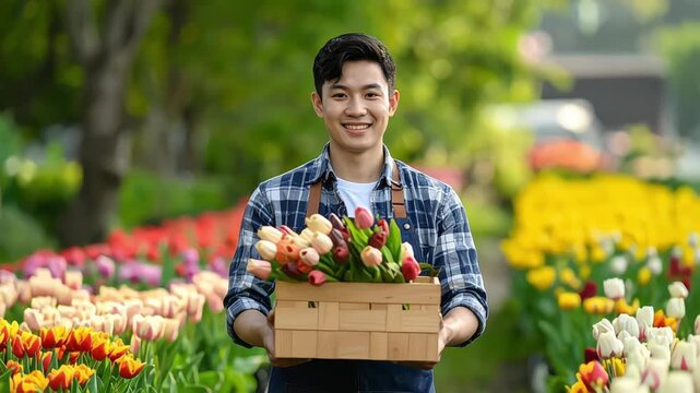 Smiling young man holding a crate of colorful tulips in a vibrant garden