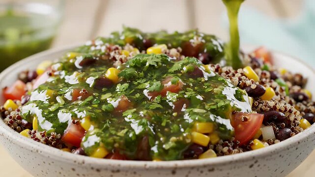 Hearty quinoa salad with corn, beans, tomatoes, and fresh green dressing