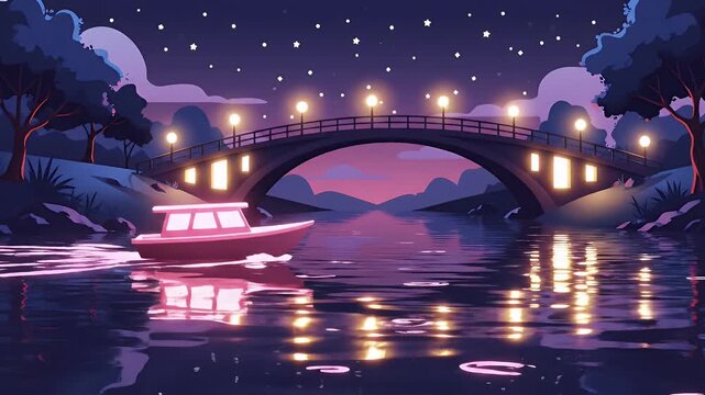 Illuminated bridge over tranquil river at night with starry sky