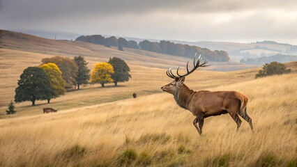 Fototapeta premium Majestic red deer stag walking in golden autumn field with misty mountains