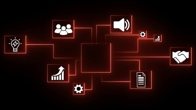 IPO cloud network concept with handshake graph phone head gears people and hacker icons glowing orange neon on black background digital finance technology abstract.4k