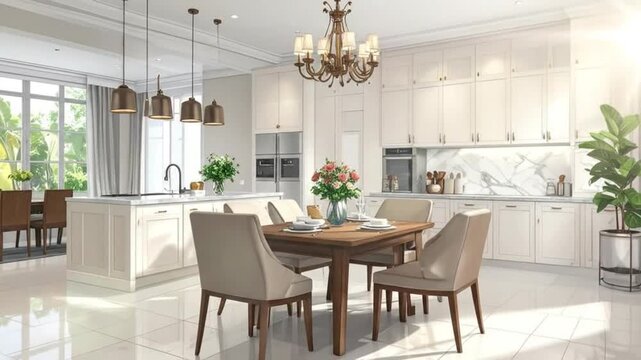 Bright and spacious kitchen interior with modern design, featuring a dining table and island.