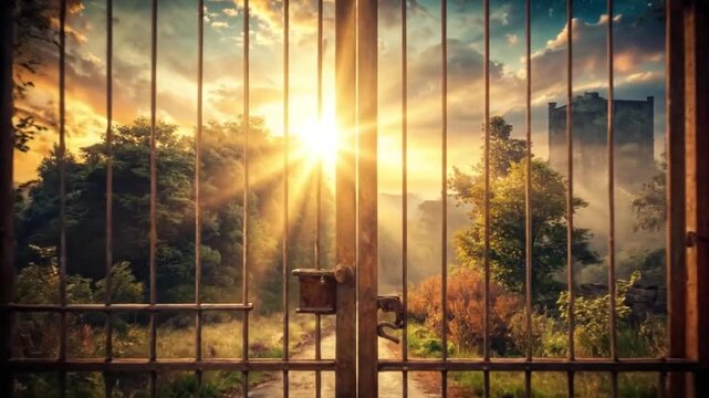 Old iron gate leading to a path through a lush, green forest at sunset.