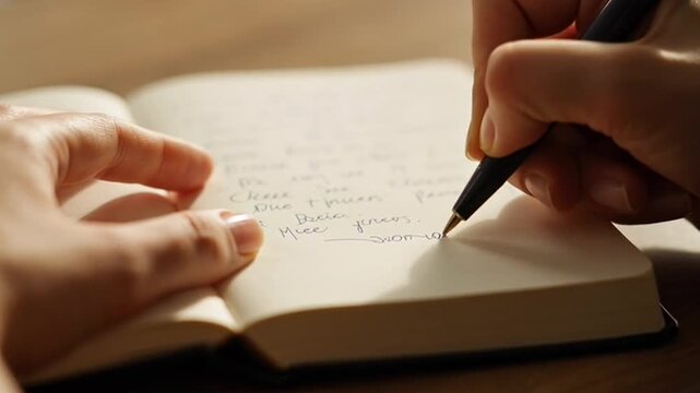 A person writing in a notebook with a pen in a quiet moment