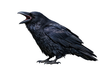 Naklejka premium Black raven, corvus corax, standing with open beak, making a call. Bird features dark feathers, isolated with transparent background