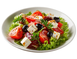 Colorful Greek salad with tomatoes, feta, olives, and lettuce in a white bowl