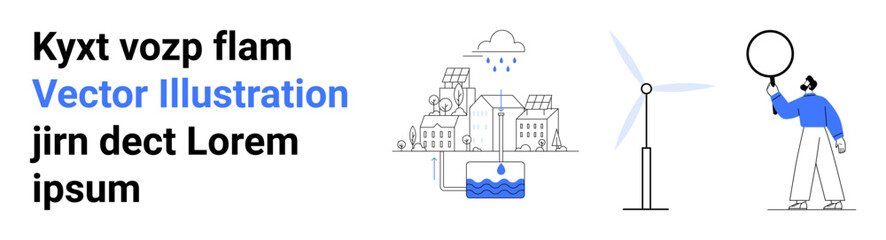 Naklejka premium Urban landscape integrating sustainability through wind energy, water conservation, and environmental awareness. Ideal for energy, environment, innovation, education, technology, ecology simple
