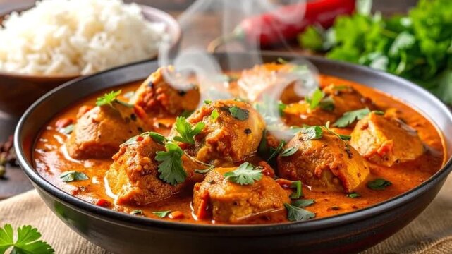 Delicious chicken curry served in a bowl with rice and fresh herbs.