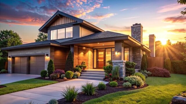Beautiful modern house with manicured lawn and garden at sunset, showcasing luxury living.