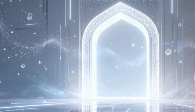 futuristic portal in the shape of an islamic arch with glowing white light perfect for eid mubarak and ramadan
