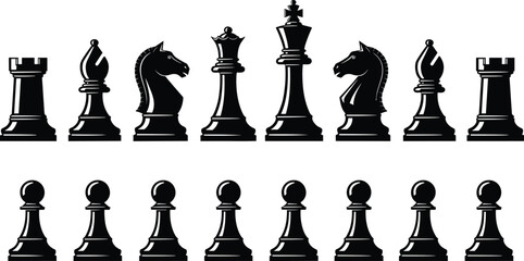 Black chess pieces set illustration including king queen rook bishop knight and pawns in classic detailed design for strategy game themes © Md