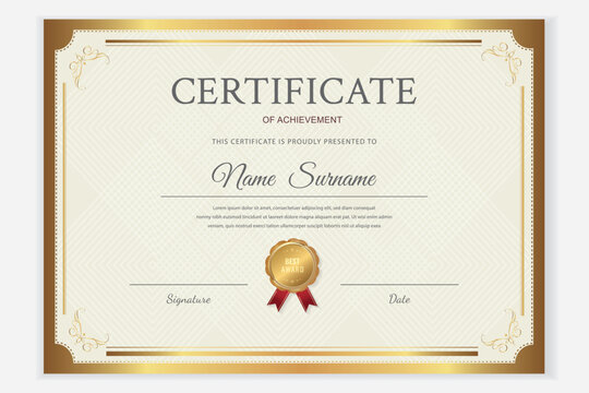 Elegant certificate template with gold border, decorative guilloche background, and gold seal. Fully editable vector layout.