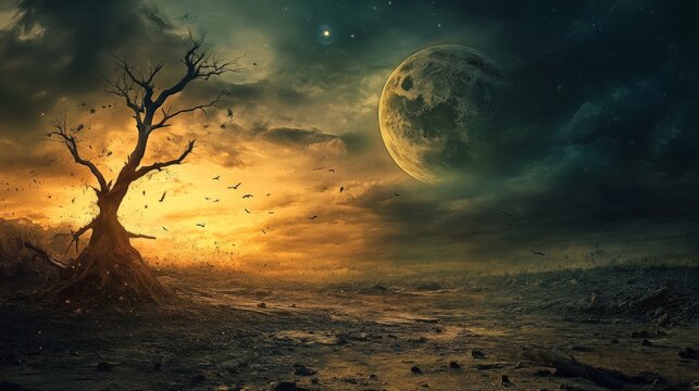 A lone, dead tree stands in a desolate landscape under a large, full moon and a stormy sky.