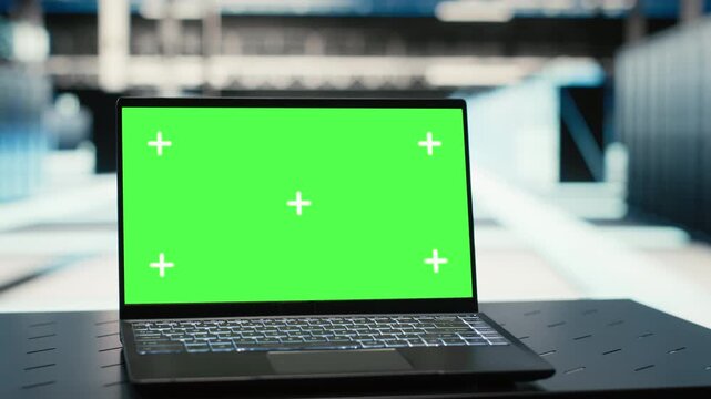Isolated screen laptop in data center used to optimize server equipment load balancing. Chroma key notebook in high tech server room used to adjust system parameters and improve efficiency