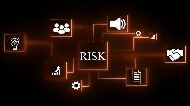 RISK management cloud network concept with icons for business growth communication teamwork cyber security and partnership glowing orange neon on black background.