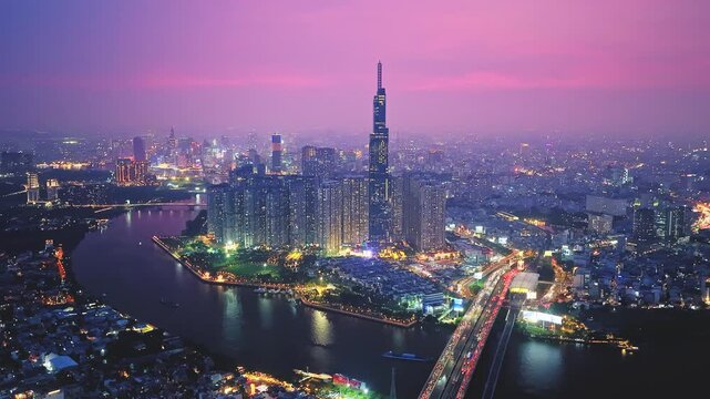 Hyperlapse time-lapse Aerial view of Ho Chi Minh City skyline and skyscrapers in center of heart business at Ho Chi Minh City downtown. Financial and business centers in developed Vietnam.