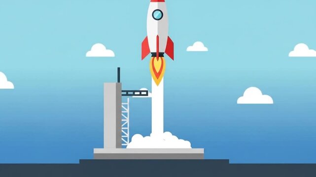 Rocket Launching from Launchpad into the Sky.