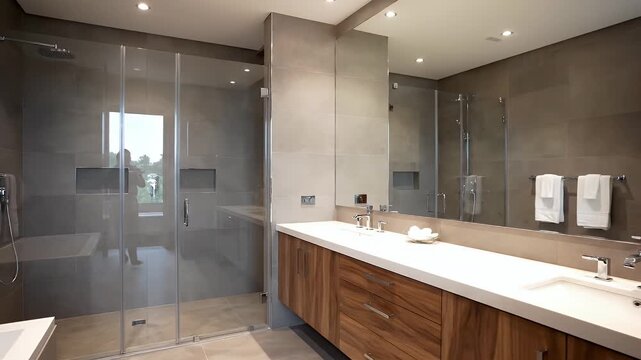 Modern Bathroom Interior Design with Glass Shower and Wood Cabinets in Gray Tiled Walls with Rectangular Mirror And