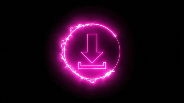 Glowing neon download icon on a dark background, symbolizing digital transfer.