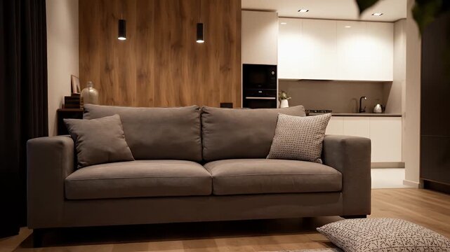 Modern Living Room Interior with Gray Sofa Wood Wall and Parquet Flooring Creates an Inviting and Comfortable