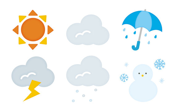 天気マークイラストセット/晴れ・曇り・雨・雷・みぞれ・雪/教育向け素材/Weather mark illustration set

