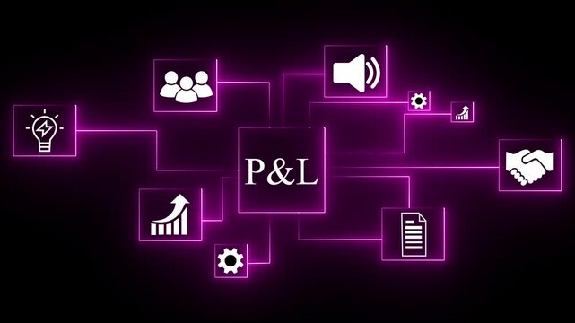 Cloud P&L network diagram with glowing neon icons for business growth customer service teamwork and cyber security on black background. 4K