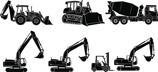Construction vehicles silhouettes set, heavy machinery icons, excavator, bulldozer, forklift, backhoe, cement truck, industrial equipment illustration for engineering © Md