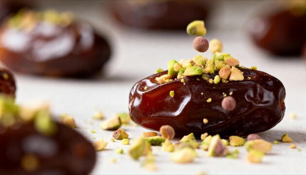 macro shot of a chocolate covered date being sprinkled with crushed pistachios perfect for eid mubarak and ramadan