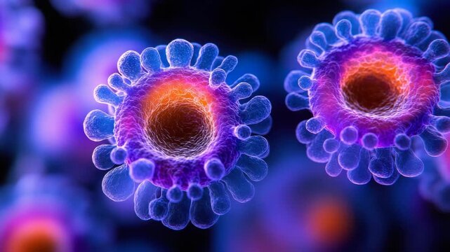 Macro close-up of two pathogen cells in vibrant violet, blue, and orange hues