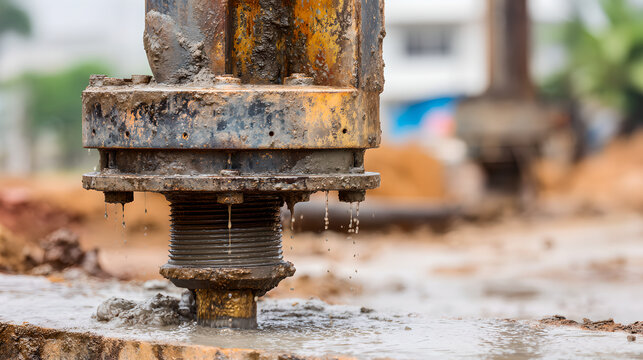 Heavy Duty Industrial Drilling Rig Constructing Artesian Water Well At Construction Site