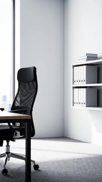 Sleek black office chair in minimalist workspace with city view