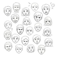Comprehensive visual guide showcasing diverse human facial expressions and emotions, from joy and surprise to anger and sadness, depicted through a collection of detailed hand-drawn sketches