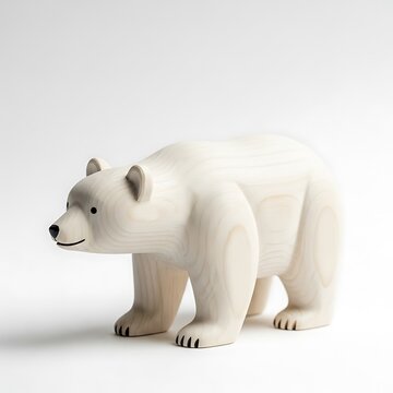 A charming wooden polar bear figurine standing on a white background, perfect for childrens decor or wildlife collections.