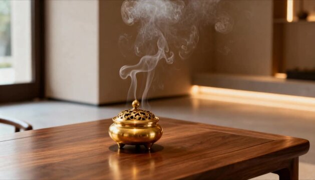 slow motion of a gold incense burner releasing thick oud smoke perfect for eid mubarak and ramadan