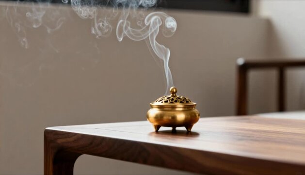 slow motion of a gold incense burner releasing thick oud smoke perfect for eid mubarak and ramadan