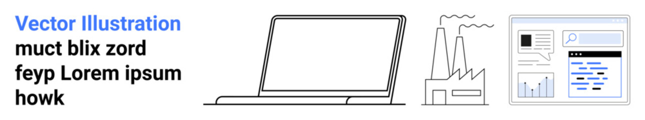 Obraz premium Productivity, technology, data analysis, work environment, digital tools, industrial impact. Minimalist illustration with a laptop, factory icon and data charts. Productivity and technology concept