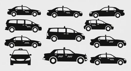 Collection of Black Taxi Cab Silhouettes on a Light Gray Background. © Sikapat