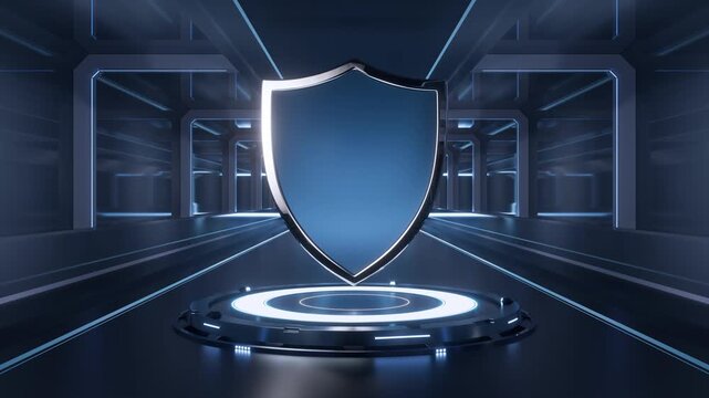 Futuristic security shield icon on glowing circular podium in dark digital hallway motion graphics