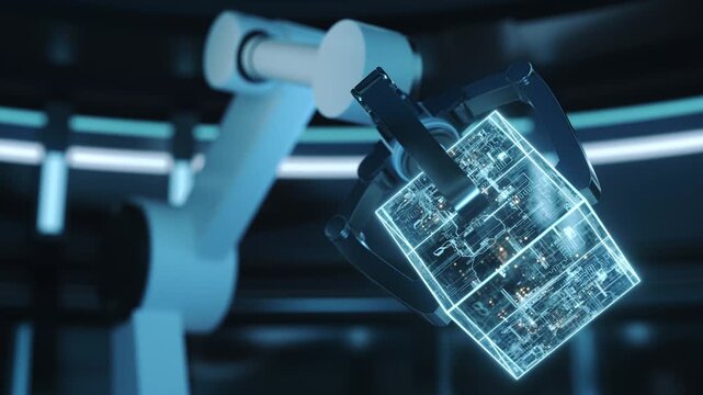 Robotic arm manipulating glowing futuristic cube with circuit board inside motion footage